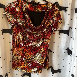 Brittany Black Red and Gold Flutter Sleeve Ruched Blouse